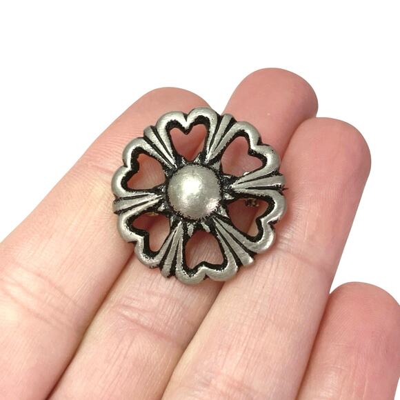 VTG Signed S9 BT Sweden Pewter Brooch 1968 Silver Tone Rosette Scandinavian Pin - Picture 2 of 8